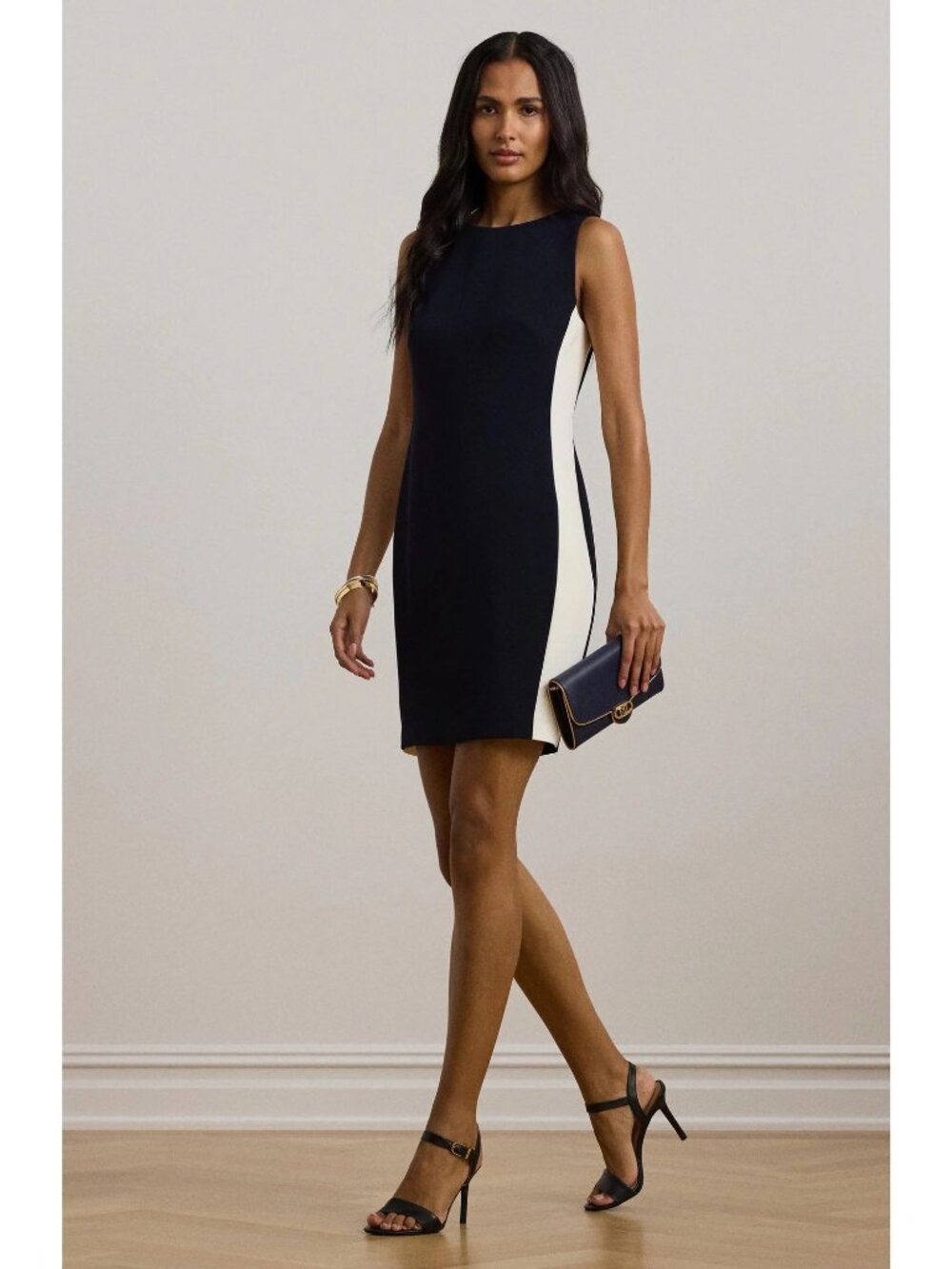🆕RALPH LAUREN Classic Colorblock Crepe Sleeveless Shift Dress Navy Blue / Cream